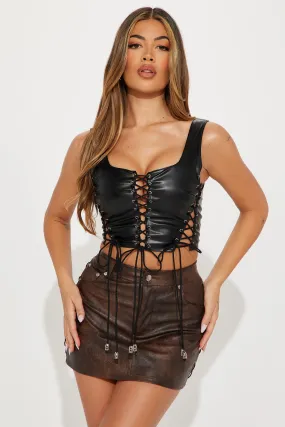 He's Mine Leather Lace Up Top - Black