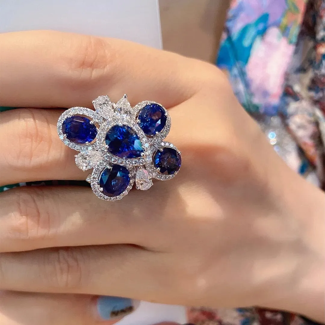 Huge Flower Sapphire Resizable Ring