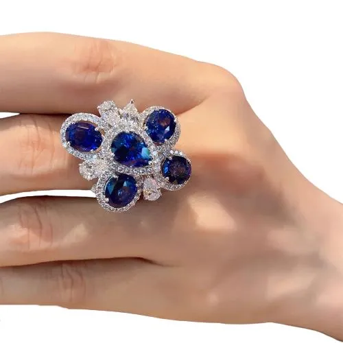 Huge Flower Sapphire Resizable Ring