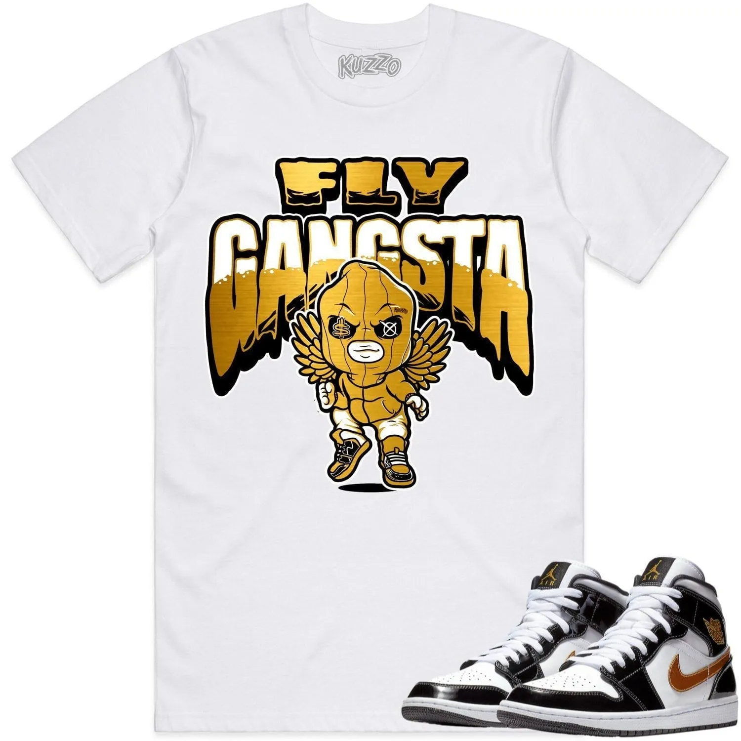 Jordan 1 Mid Patent Black Metallic Gold Shirt to Match - GOLD METALLIC FLY GANGSTA