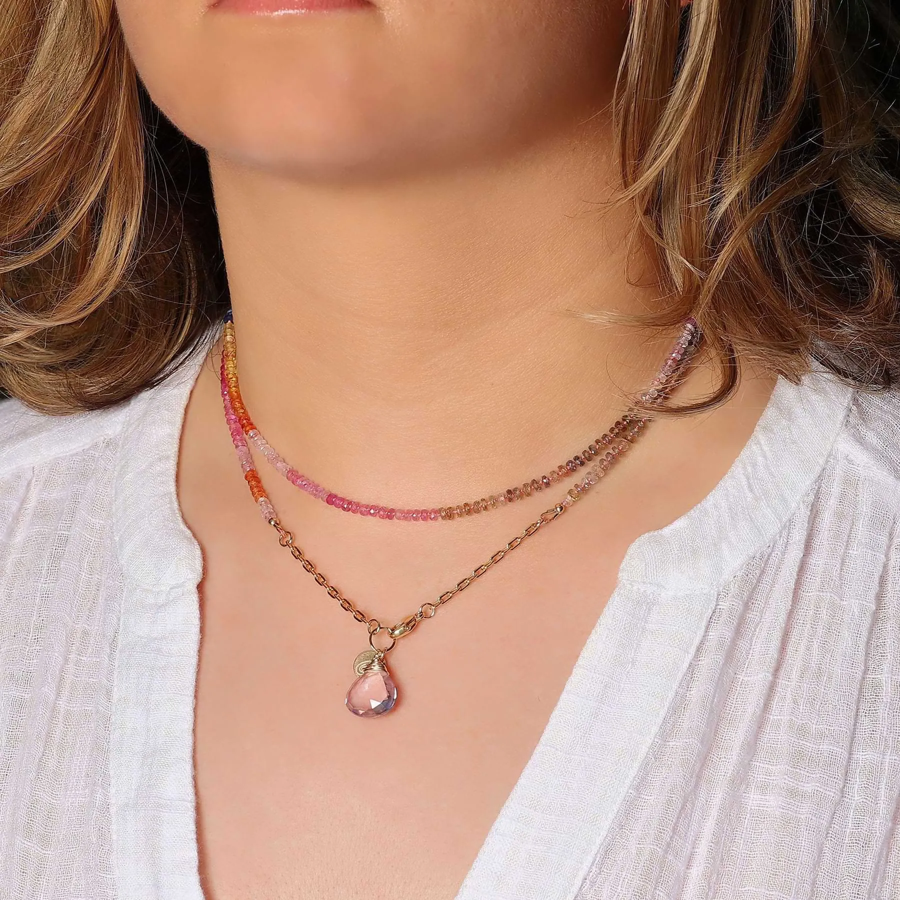 Kauai at Sunset - Multi Sapphire Double Strand Gold Necklace