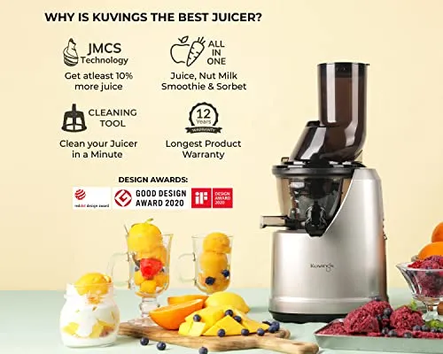 Kuvings B1700 Dark Silver Professional Cold Press Whole Slow Juicer with Smoothie & Sorbet Attachments Included