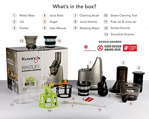 Kuvings B1700 Dark Silver Professional Cold Press Whole Slow Juicer with Smoothie & Sorbet Attachments Included