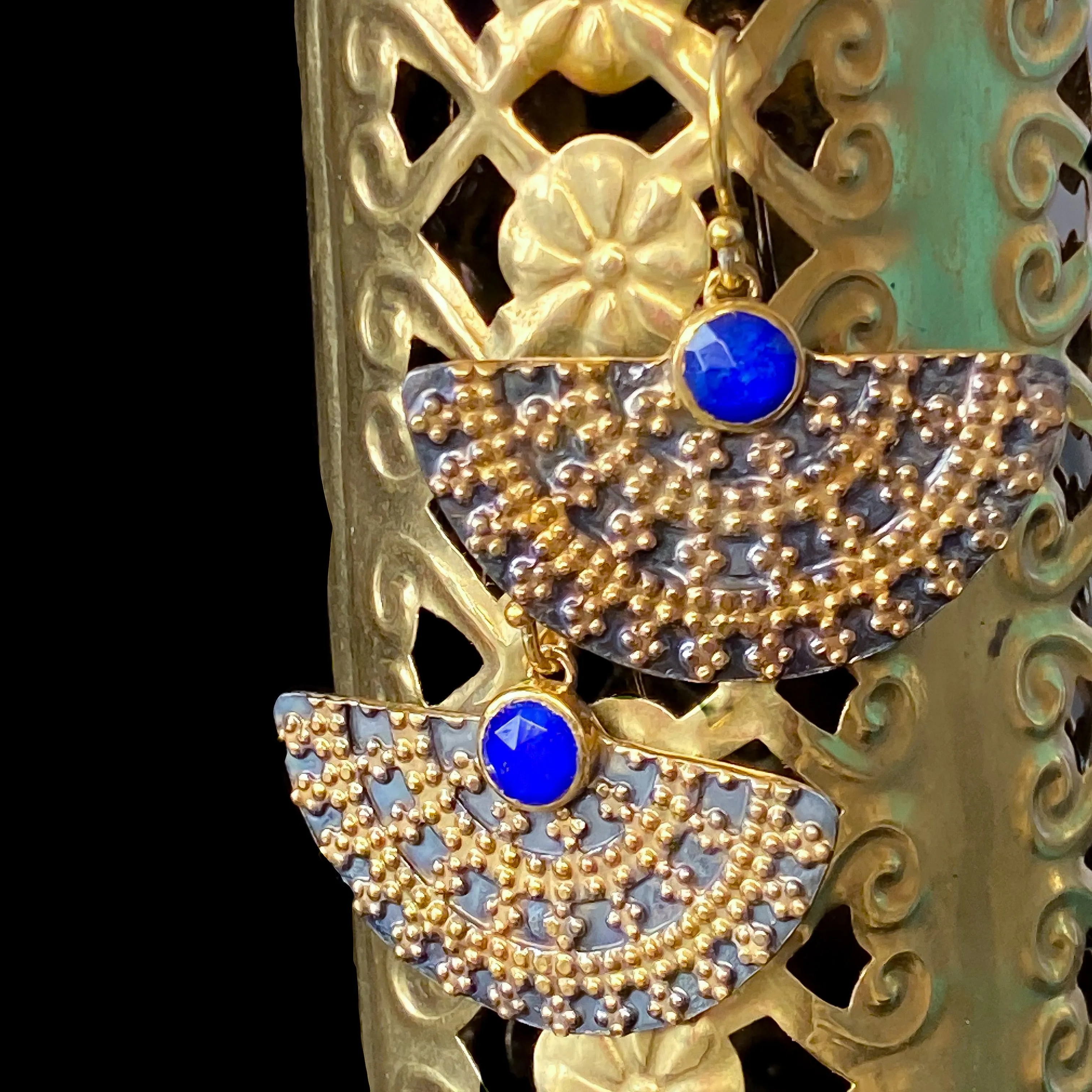 Lapis Lazuli Royal Black & Gold Earrings Sterling Silver