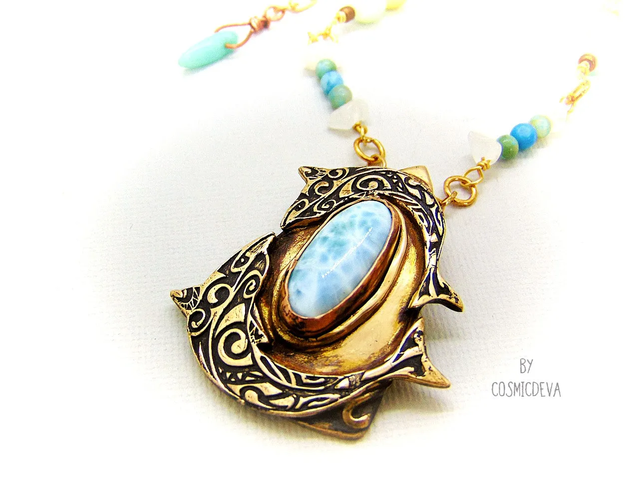 Larimar Gemstone Dancing Dolphins Bronze Necklace