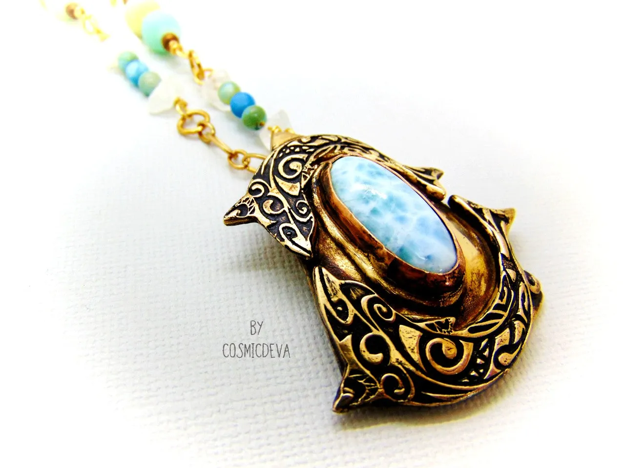 Larimar Gemstone Dancing Dolphins Bronze Necklace