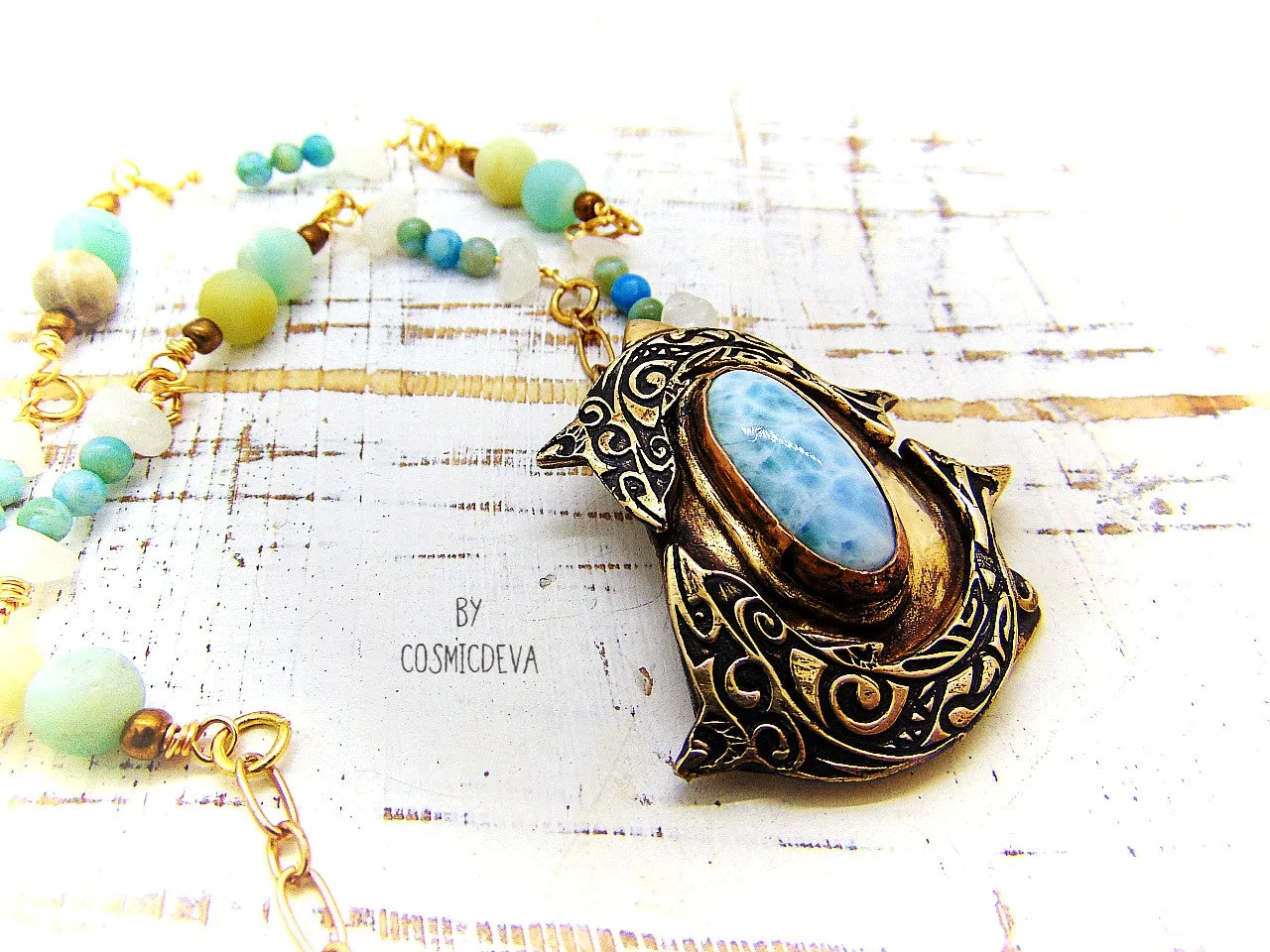 Larimar Gemstone Dancing Dolphins Bronze Necklace