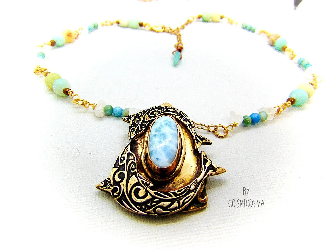 Larimar Gemstone Dancing Dolphins Bronze Necklace