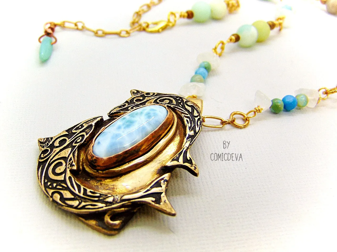 Larimar Gemstone Dancing Dolphins Bronze Necklace