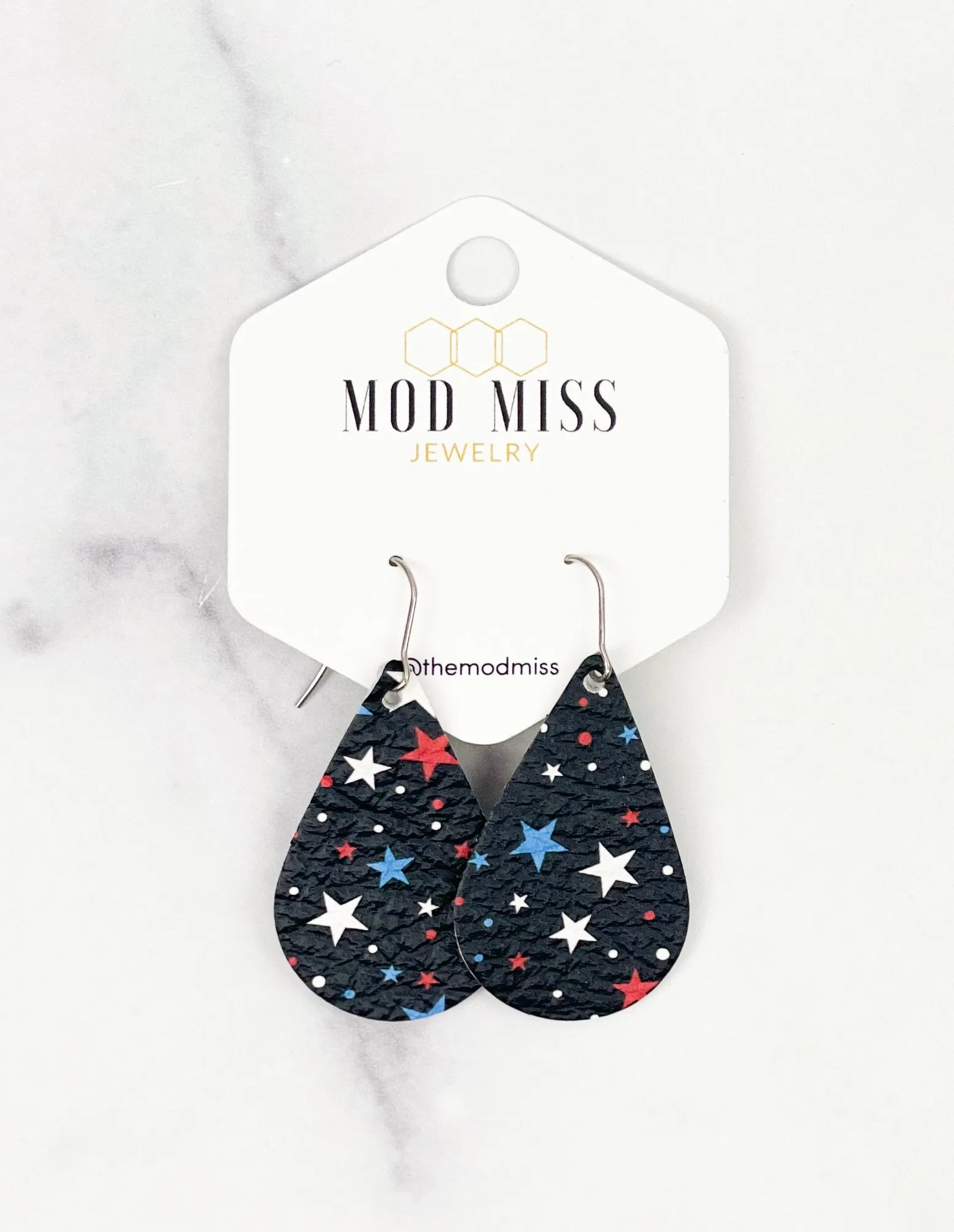 Leather Teardrop Earring Navy Tiny Stars