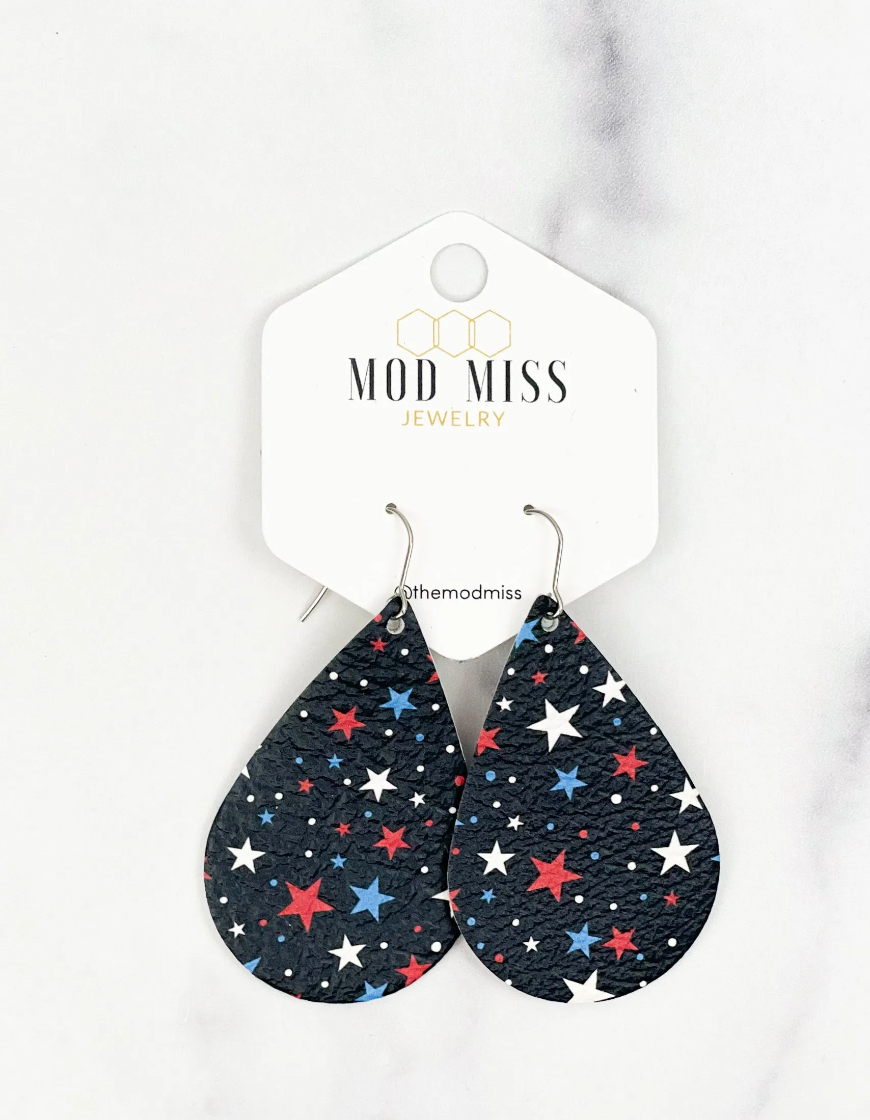 Leather Teardrop Earring Navy Tiny Stars