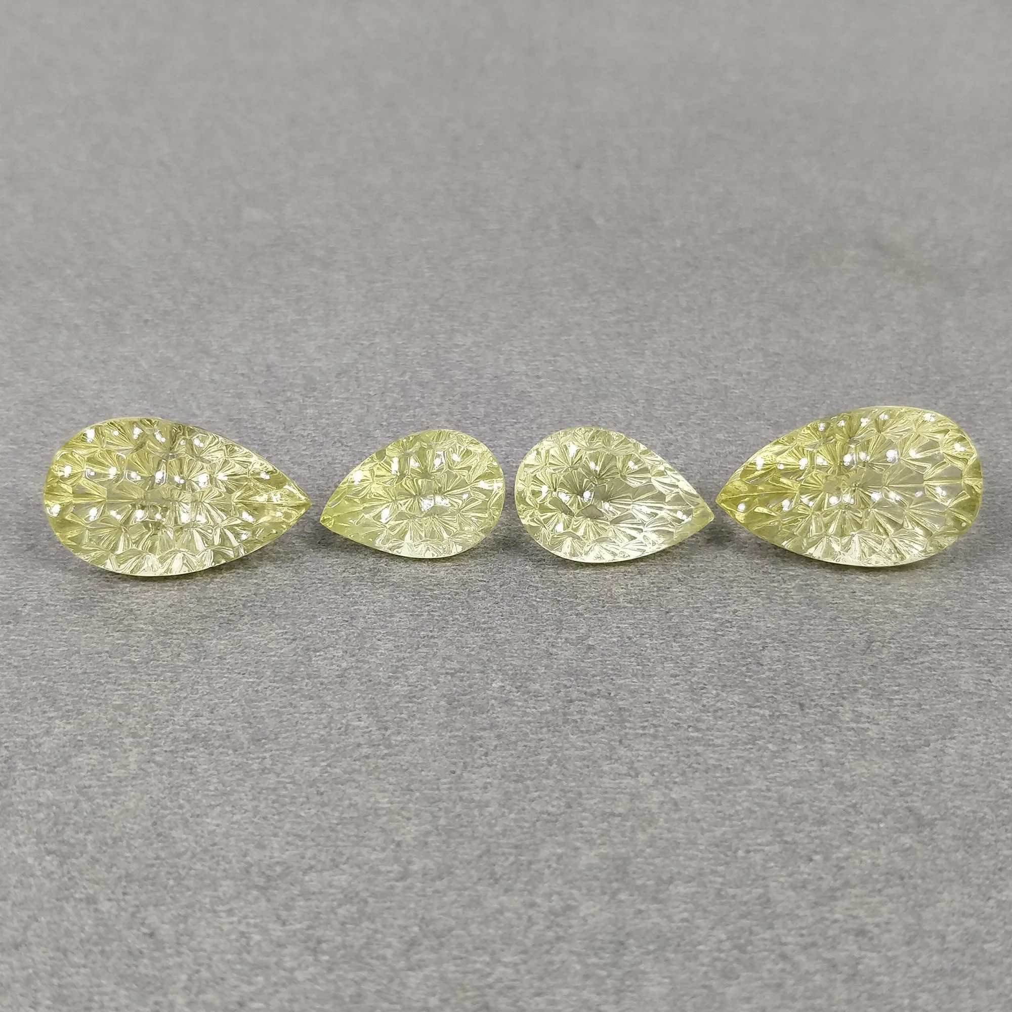 LEMON QUARTZ Gemstone Carving : 39.00cts Natural Untreated Unheated Quartz Hand Carved Pear Shape 15.5*10.5mm - 21*12.5mm 4pcs