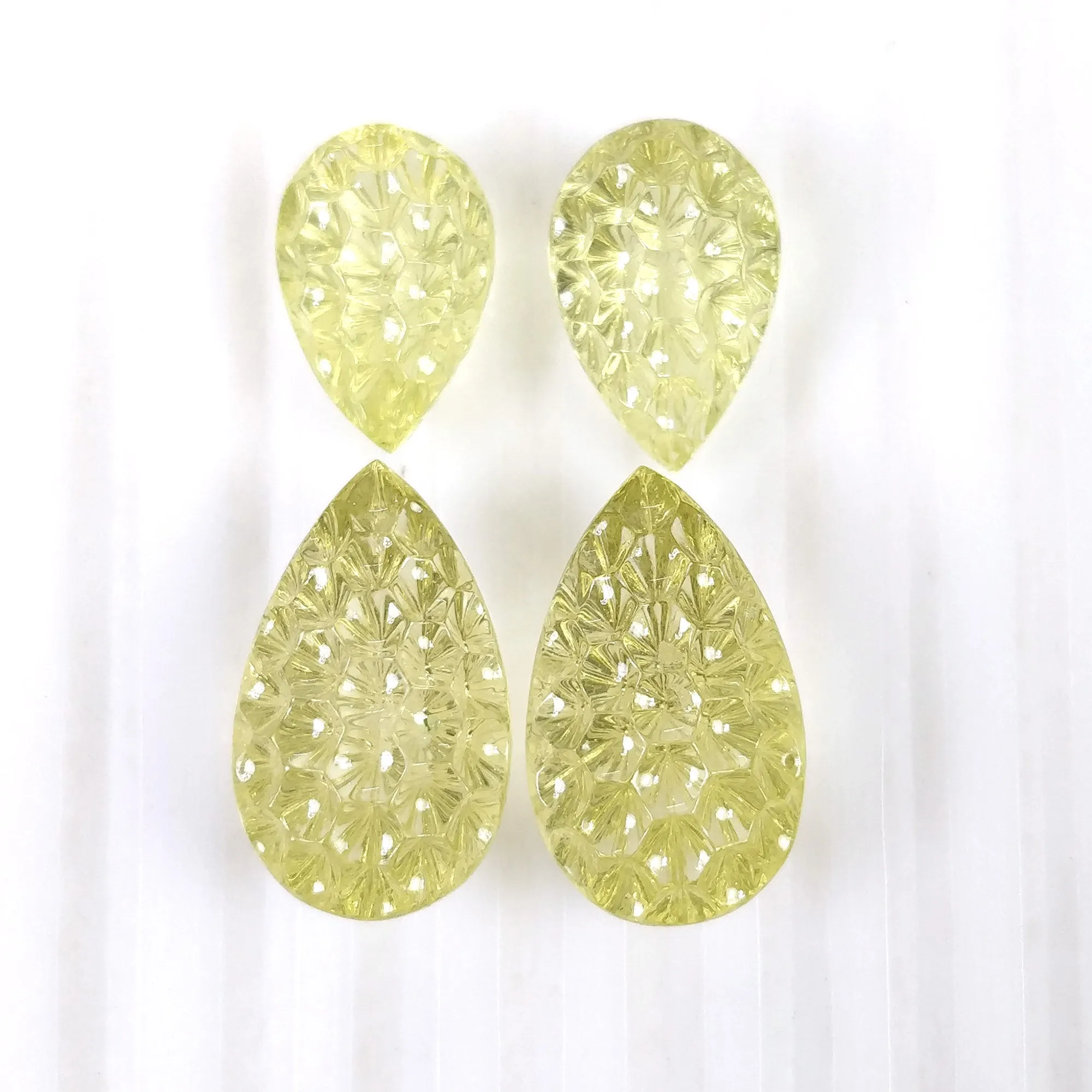 LEMON QUARTZ Gemstone Carving : 39.00cts Natural Untreated Unheated Quartz Hand Carved Pear Shape 15.5*10.5mm - 21*12.5mm 4pcs