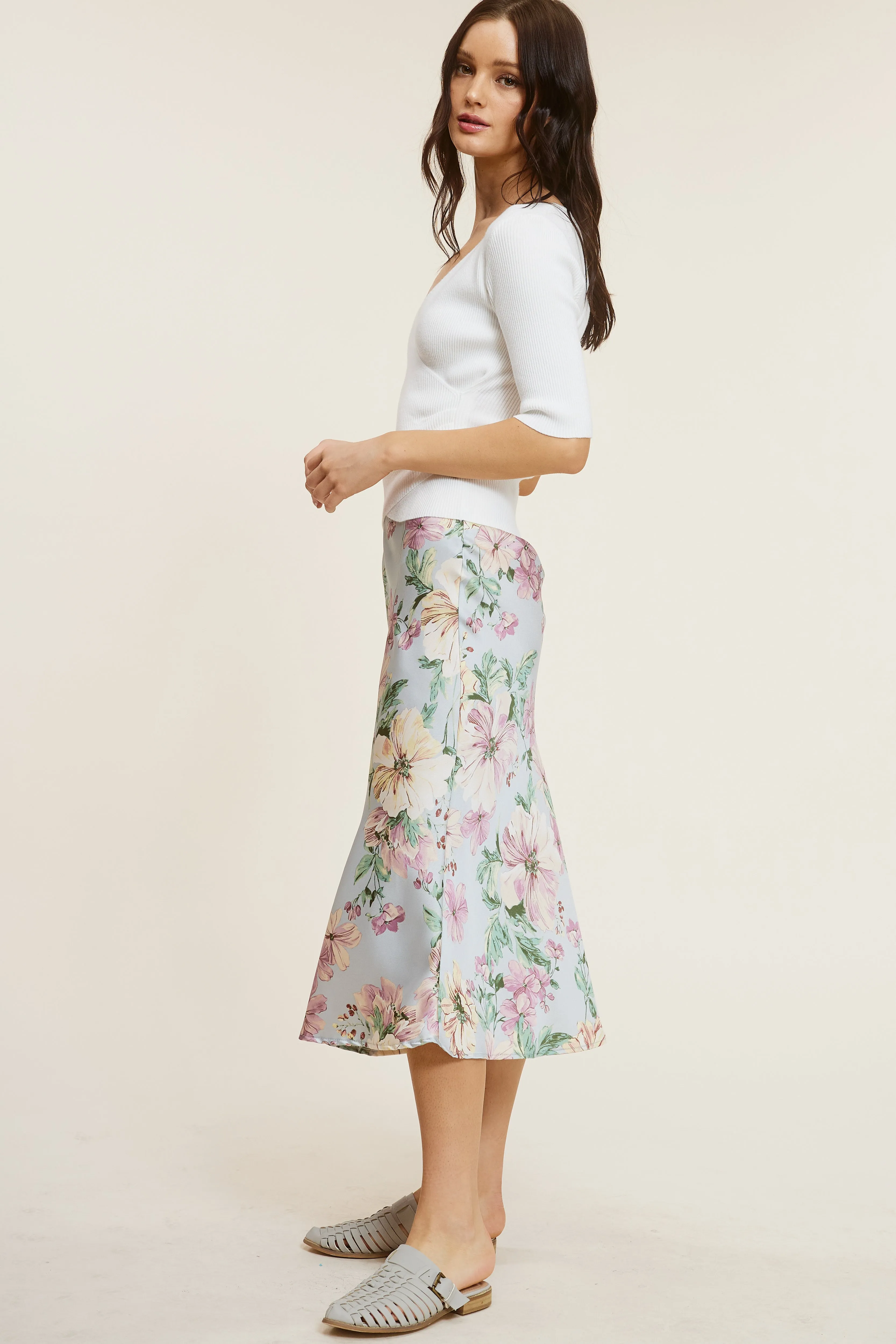 Light Blue Floral Midi Skirt