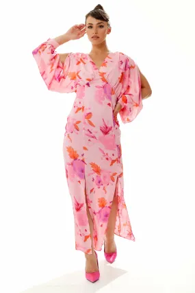 Liquorish Floral Print Maxi Dress In Pink With Sleeve Slits