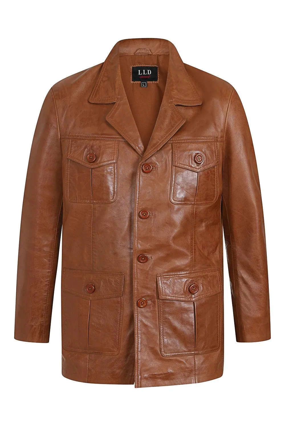 Men's Genuine Tan Leather Classic Button Front Jacket - 'STEVE' - 4350