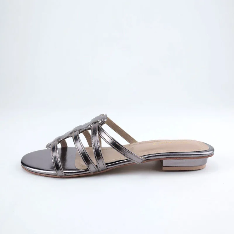 Metallic Shiny Leather Strap Flat Sandal for Women