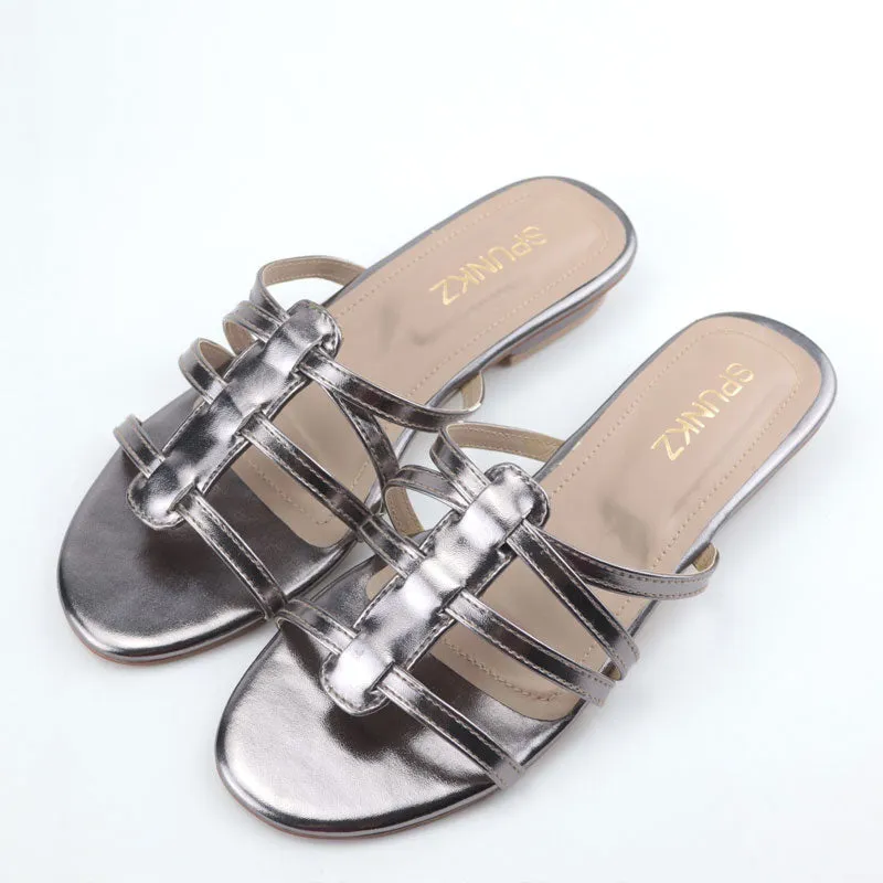 Metallic Shiny Leather Strap Flat Sandal for Women