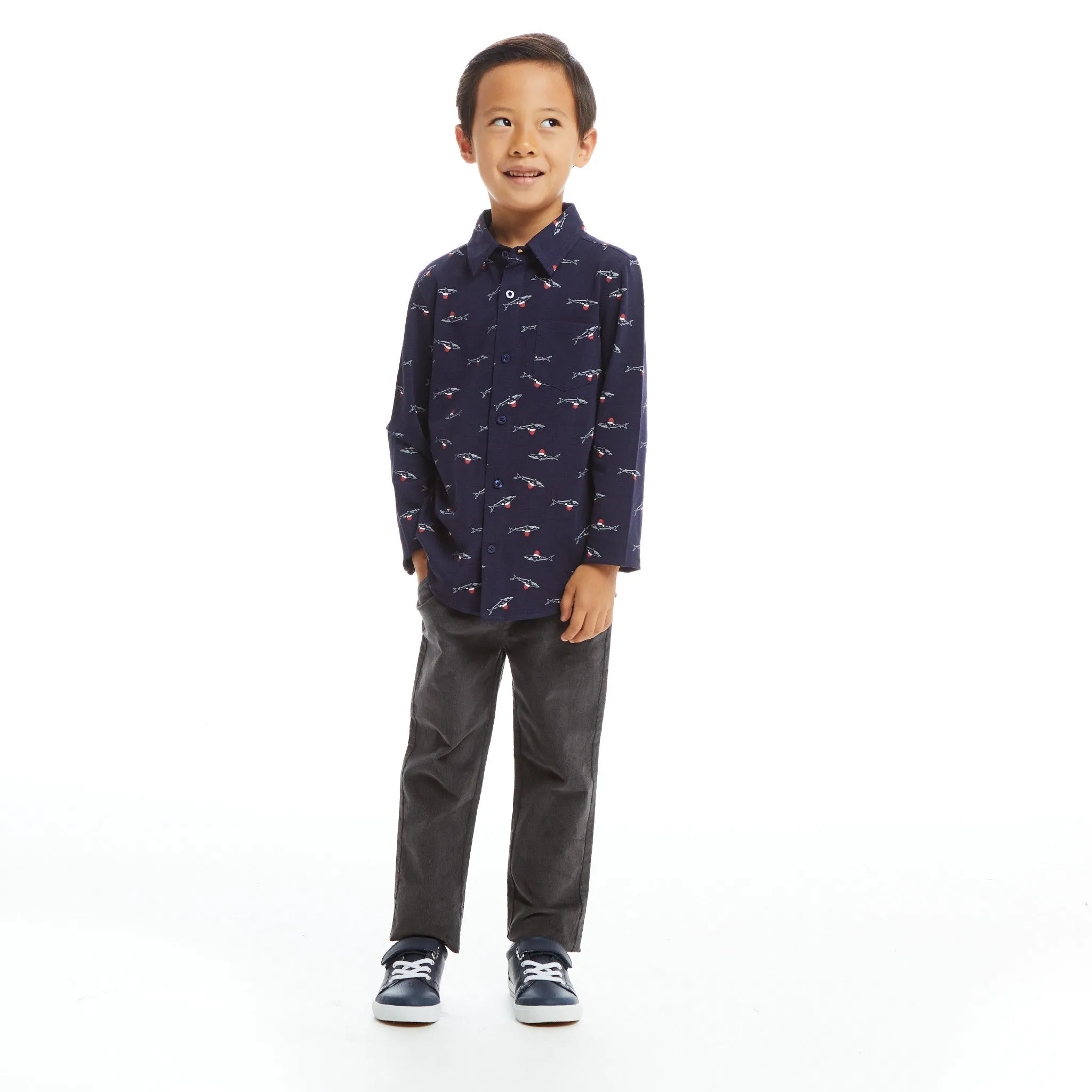 Navy Holiday Sharks Knit Pique Buttondown  | Navy