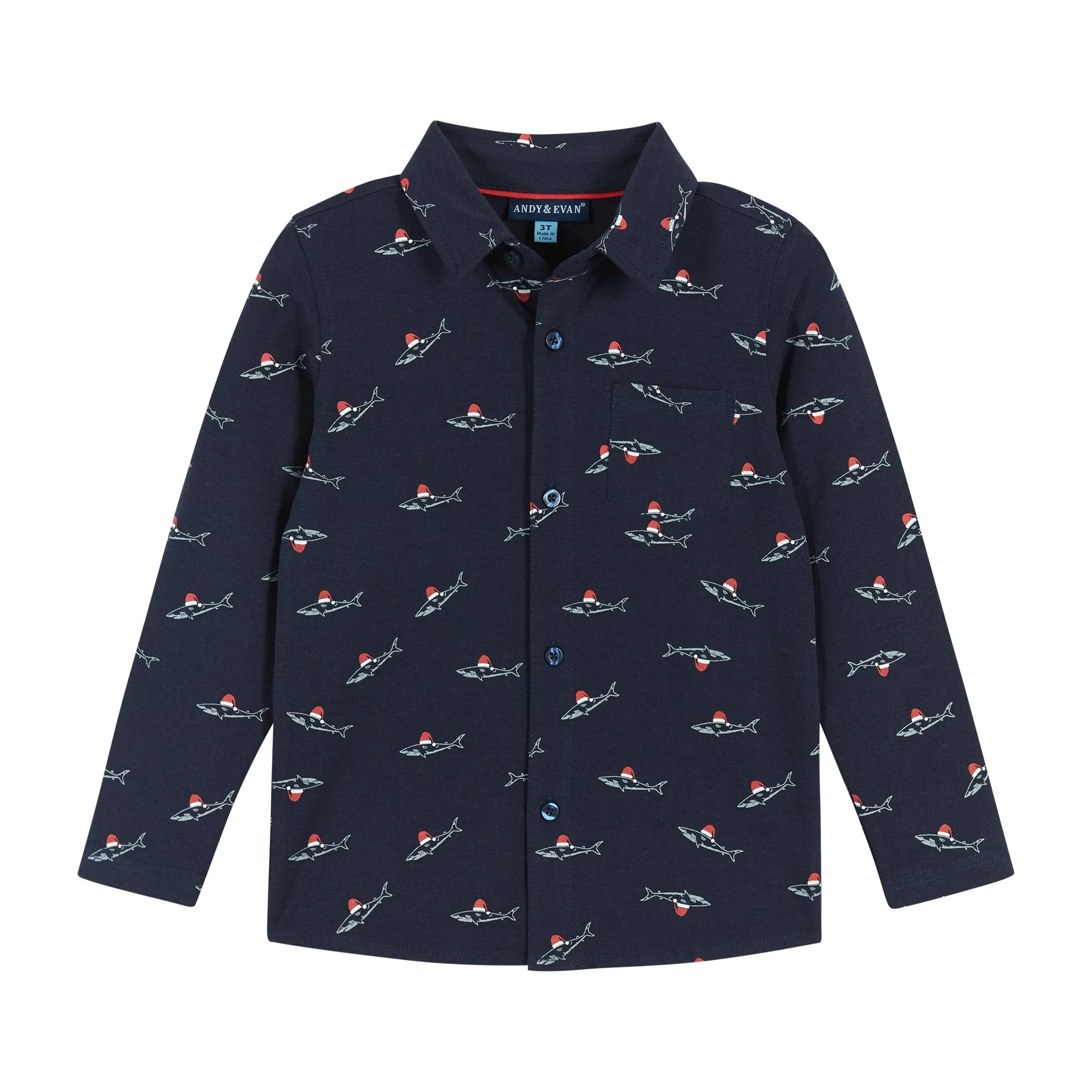 Navy Holiday Sharks Knit Pique Buttondown  | Navy