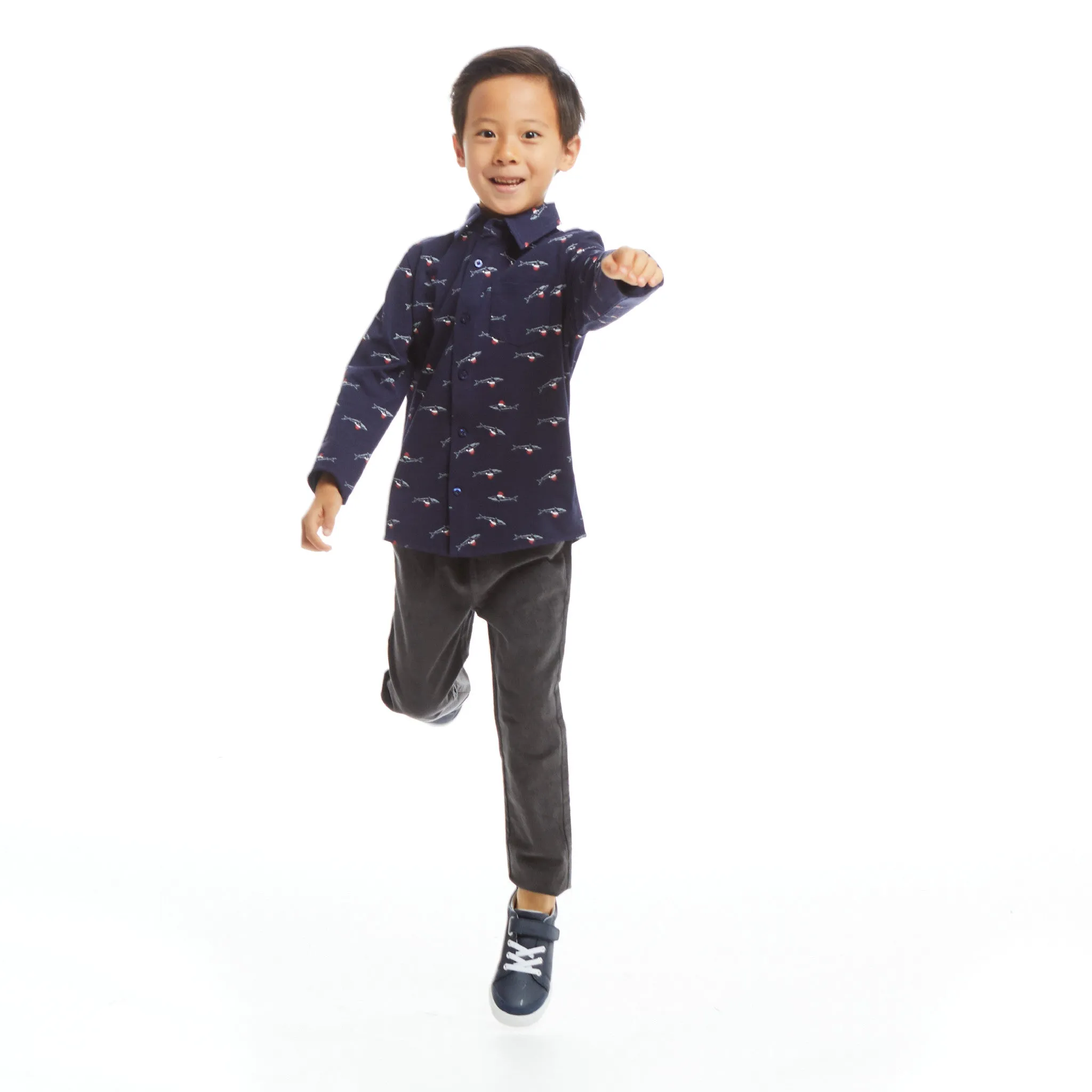 Navy Holiday Sharks Knit Pique Buttondown  | Navy