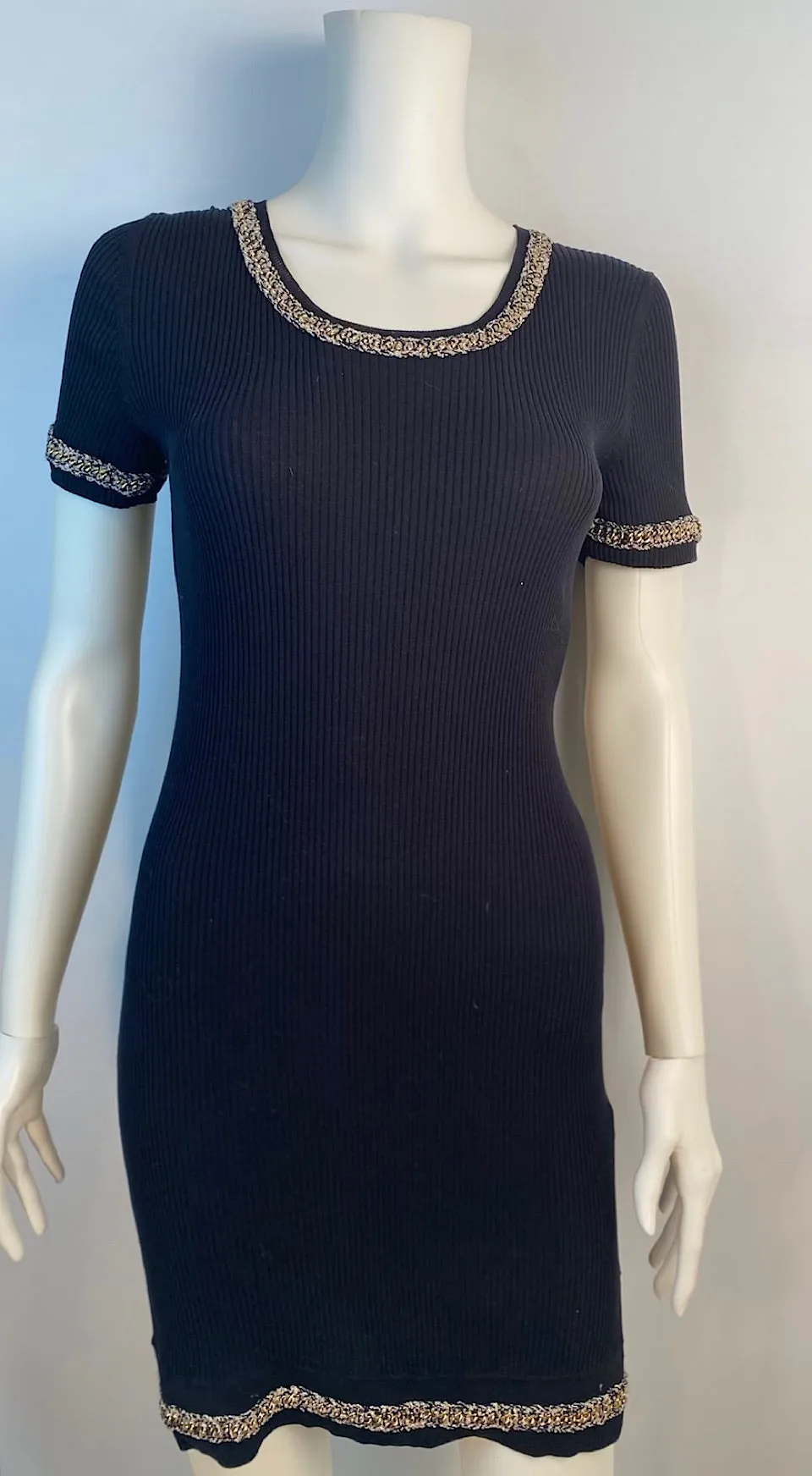 NWT Chanel 10P, 2010 Spring black gold trim chain dress FR 38