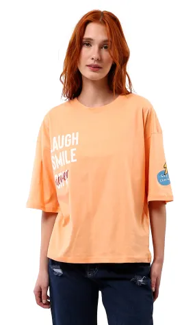 O180443 Crew Neck Light Orange Printed Summer Tee