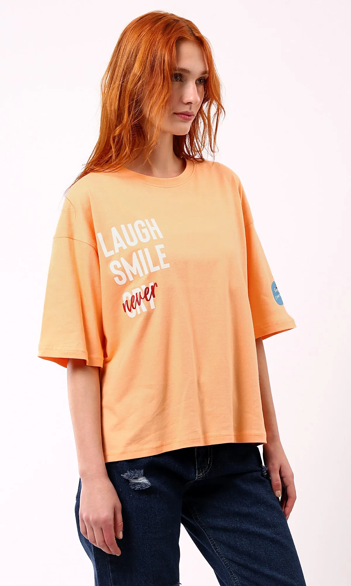 O180443 Crew Neck Light Orange Printed Summer Tee