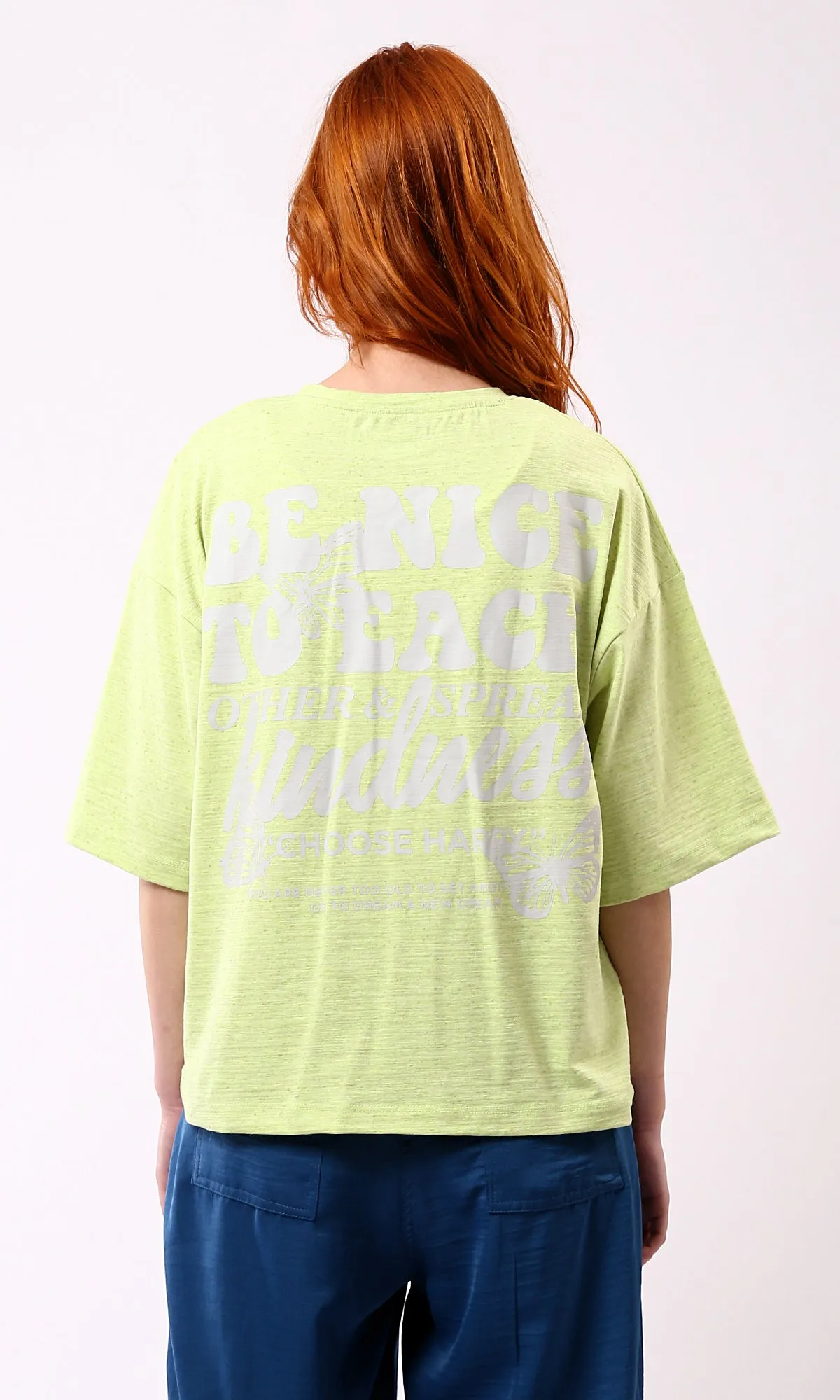 O181665 Choose Happy Printed Loose Fit Cotton Tee - Neon Green