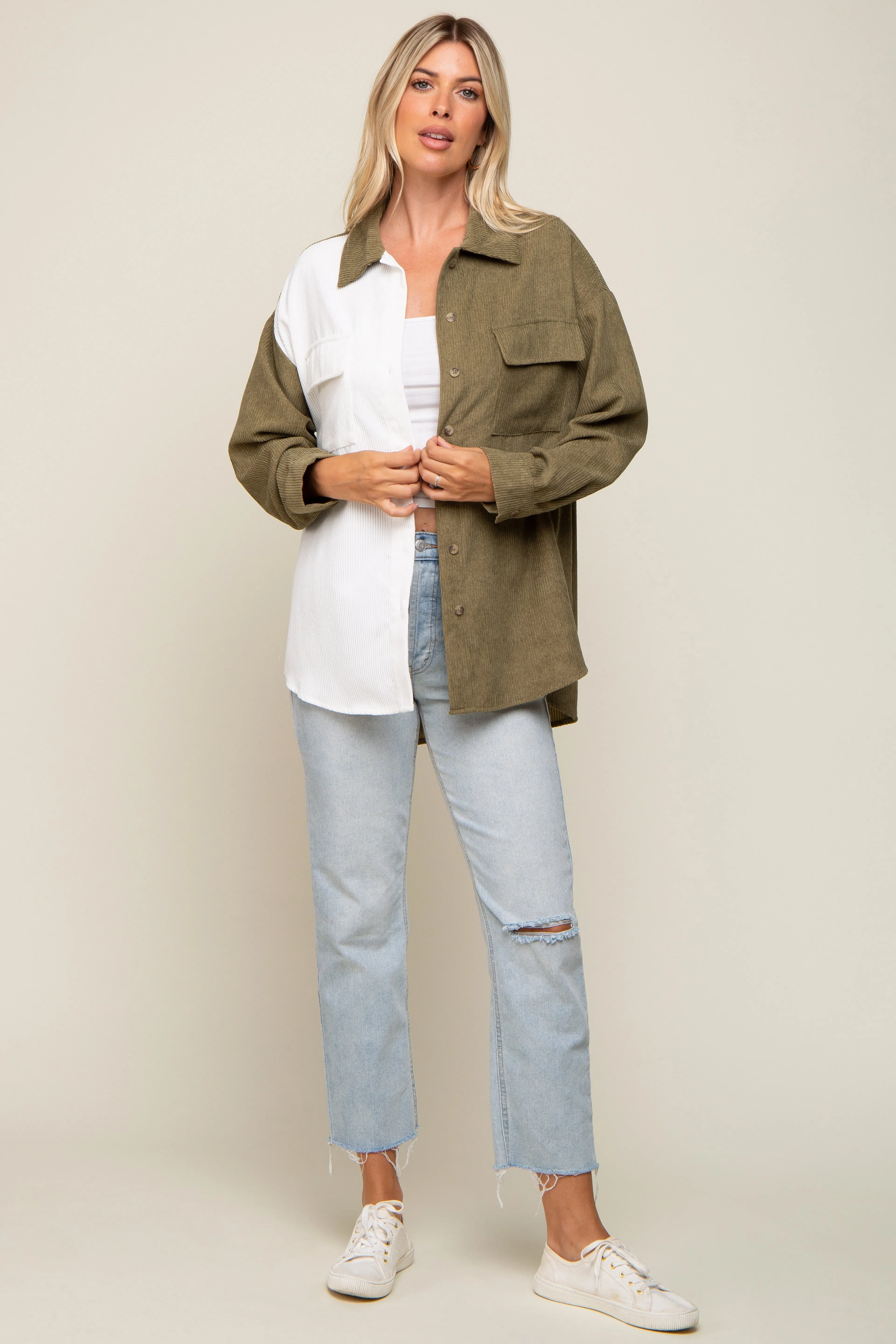 Olive Color blocked Courdoroy Button Down Top