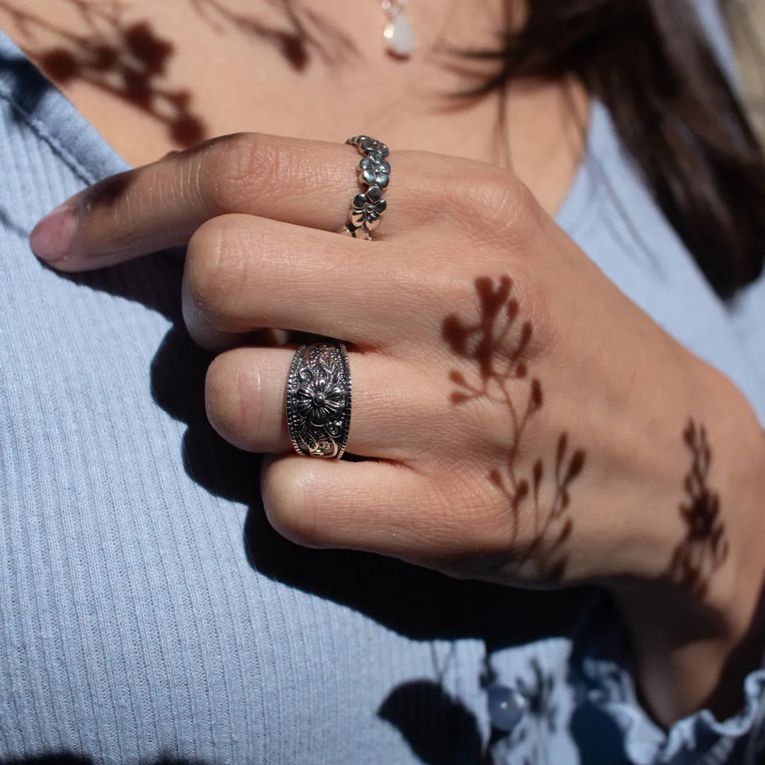 Oxidized Silver Flower & Leaf Ring