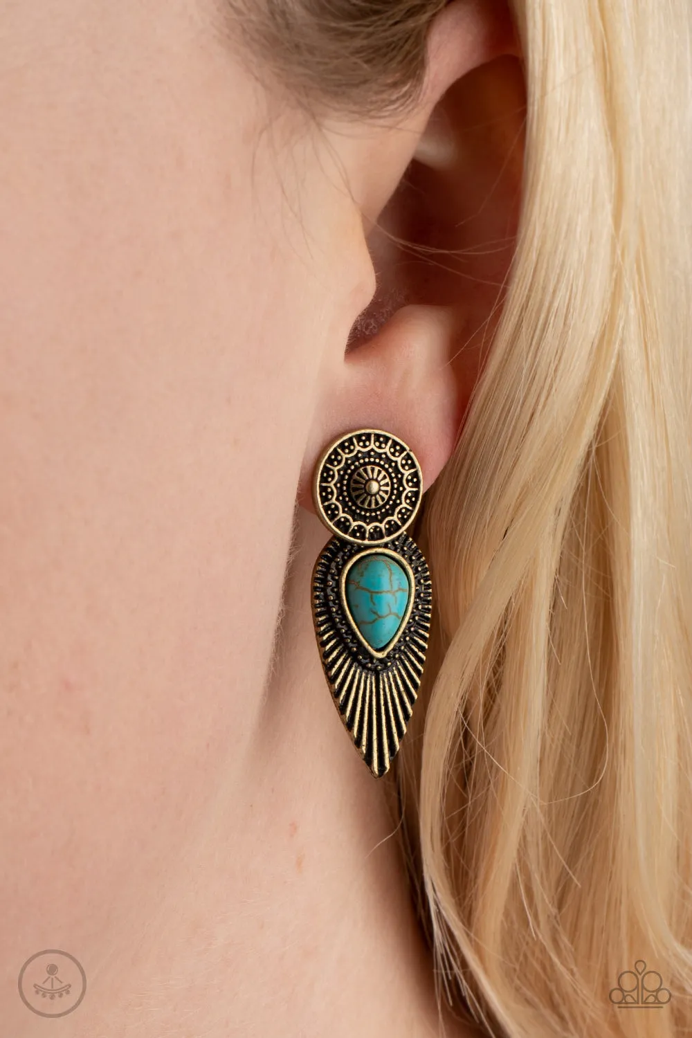 Paparazzi Fly Into the Sun - Brass Earrings with Turquoise Stone Post Style