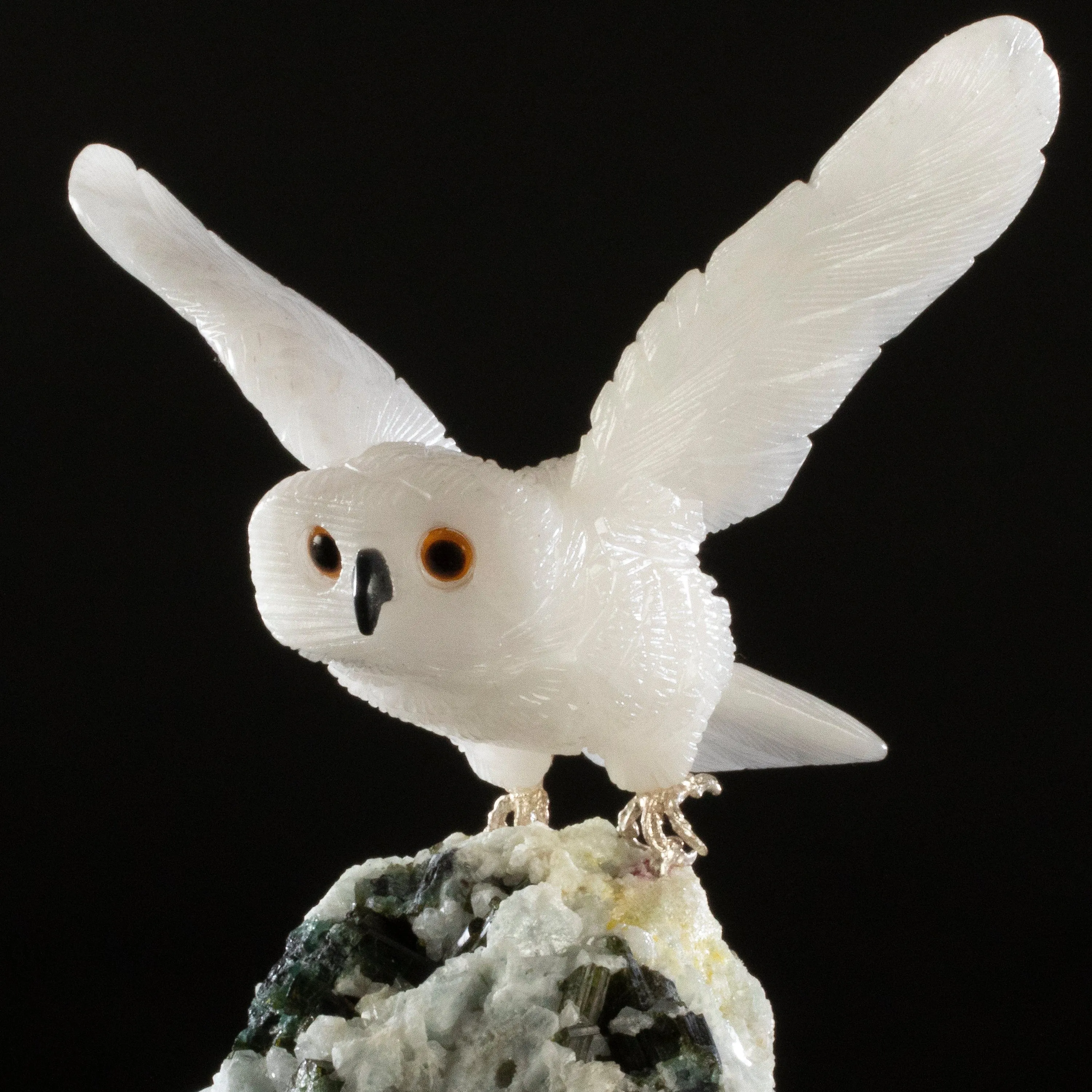 Peter Muller Quartz Owl Love Bird Carving on Quartz & Epidote Base