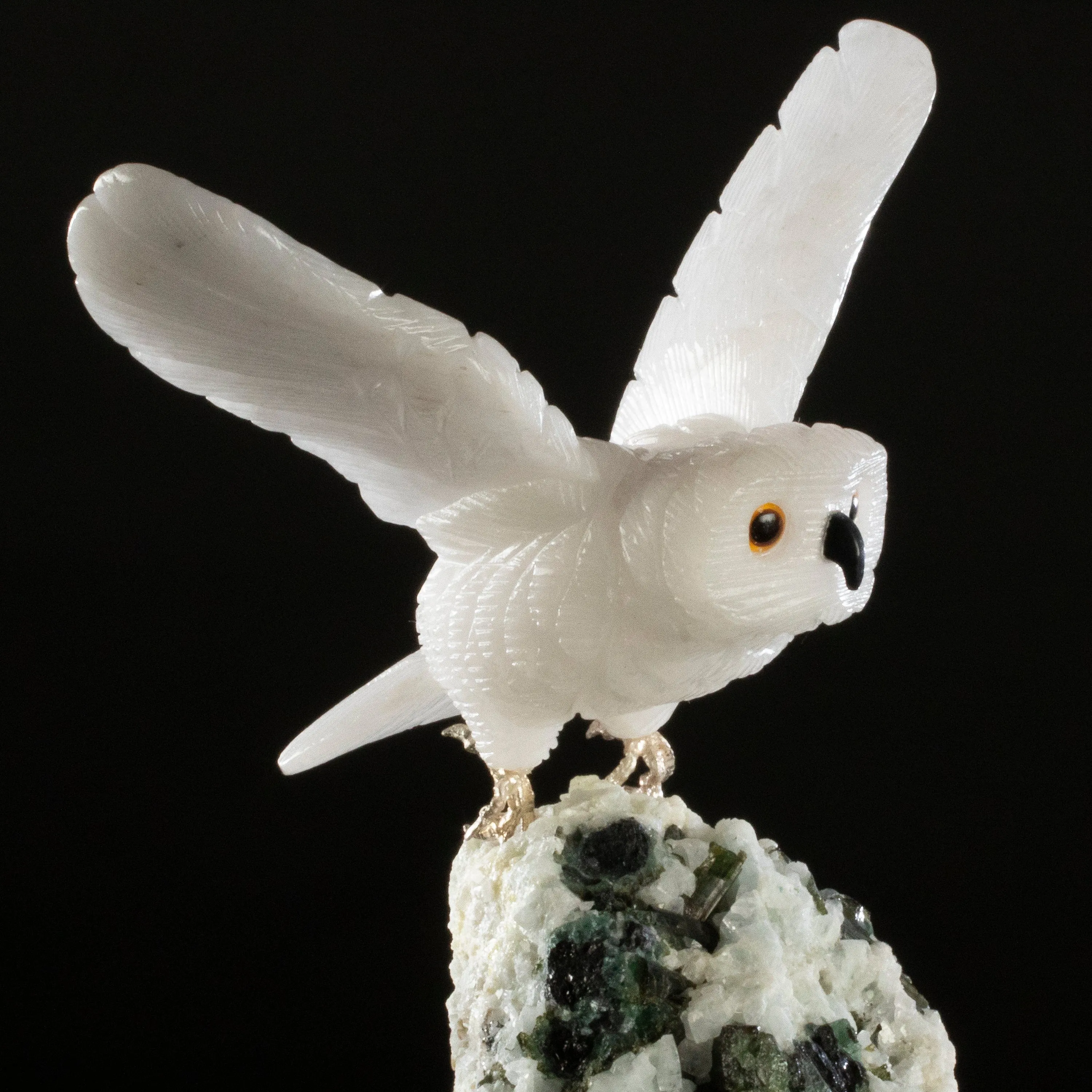 Peter Muller Quartz Owl Love Bird Carving on Quartz & Epidote Base