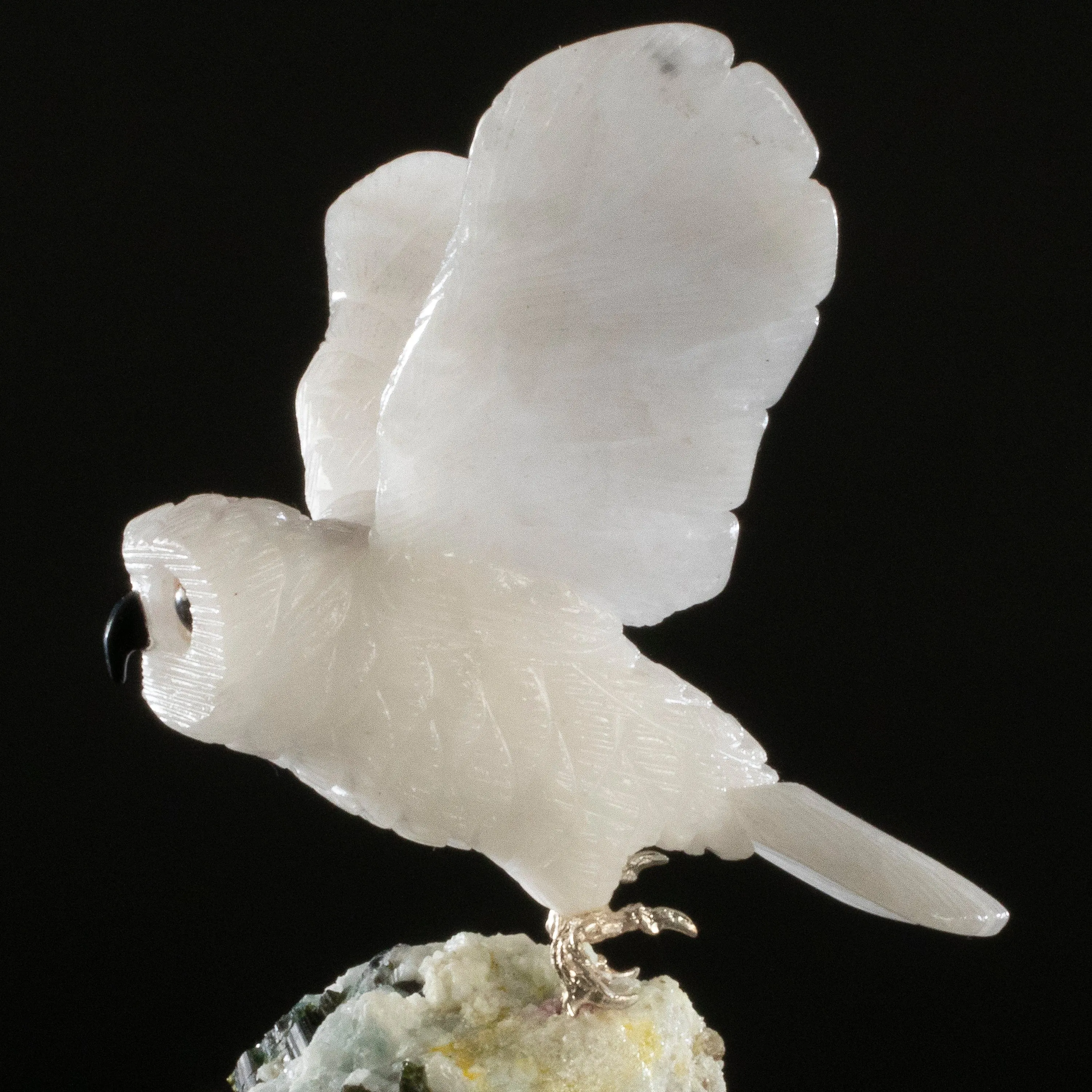 Peter Muller Quartz Owl Love Bird Carving on Quartz & Epidote Base