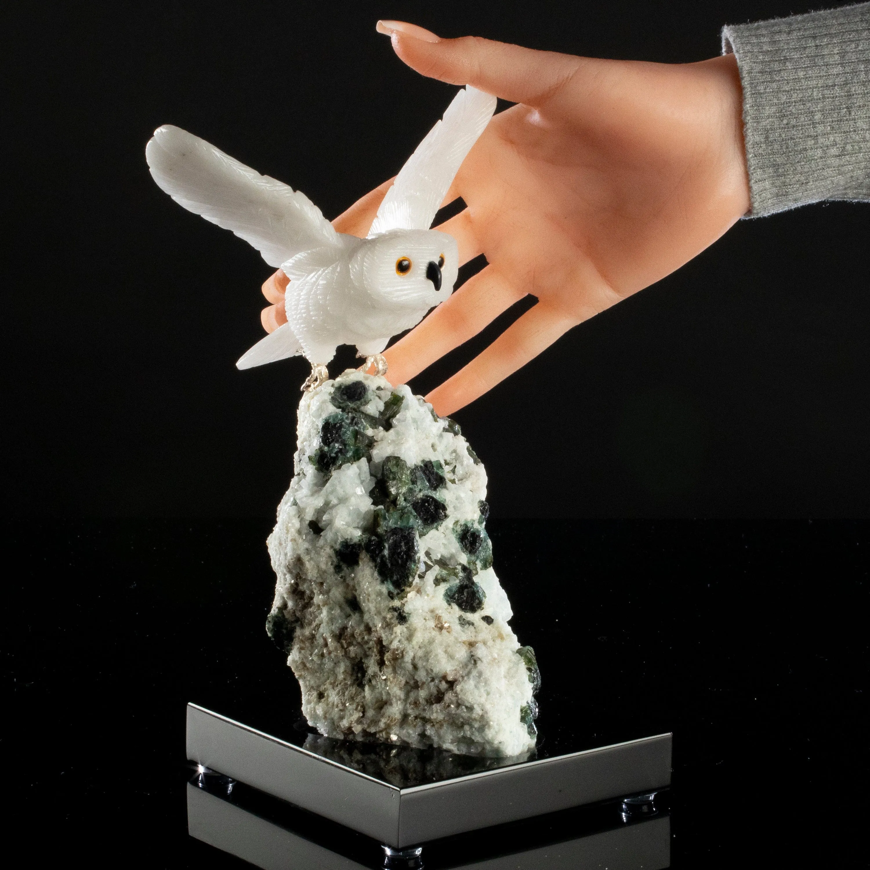 Peter Muller Quartz Owl Love Bird Carving on Quartz & Epidote Base