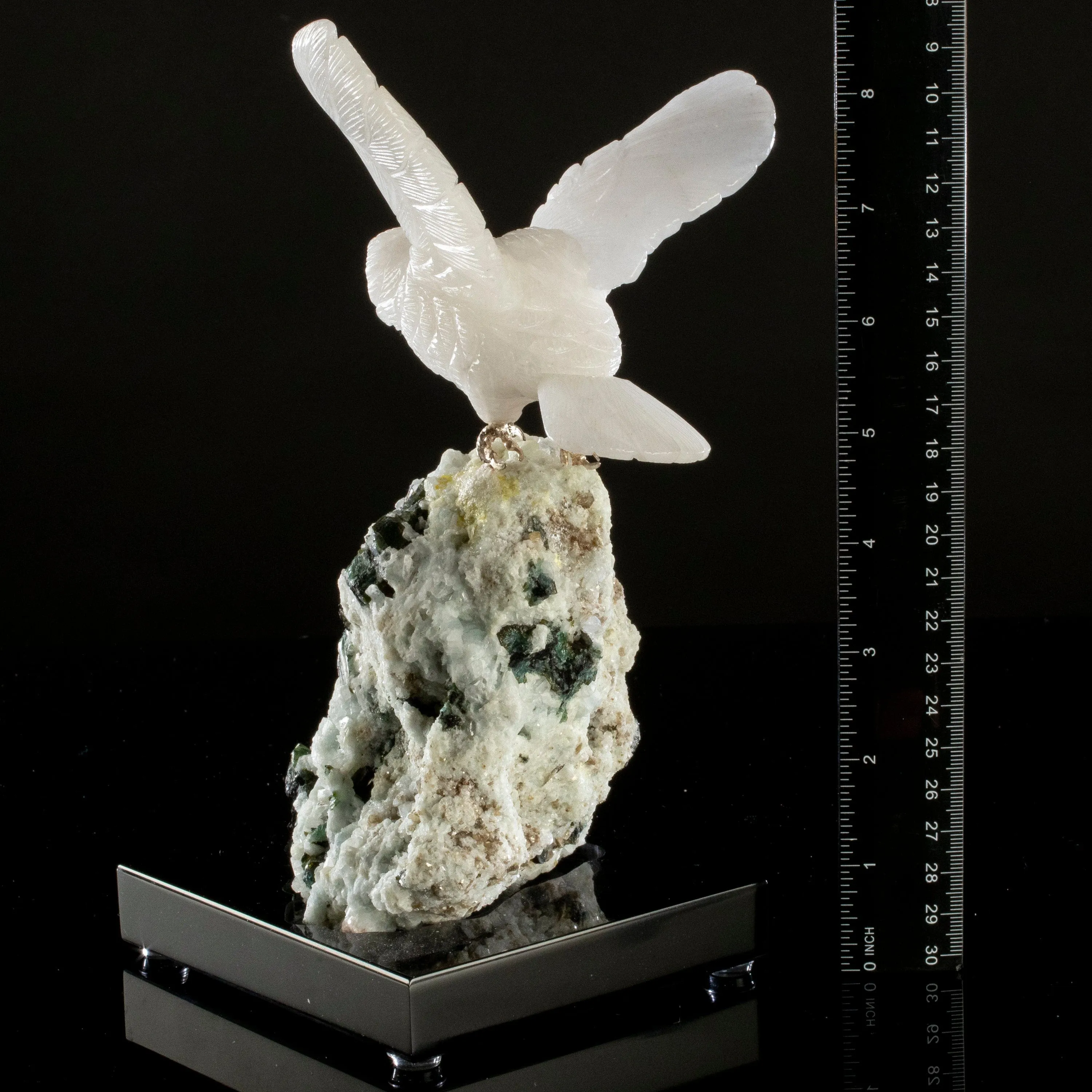 Peter Muller Quartz Owl Love Bird Carving on Quartz & Epidote Base