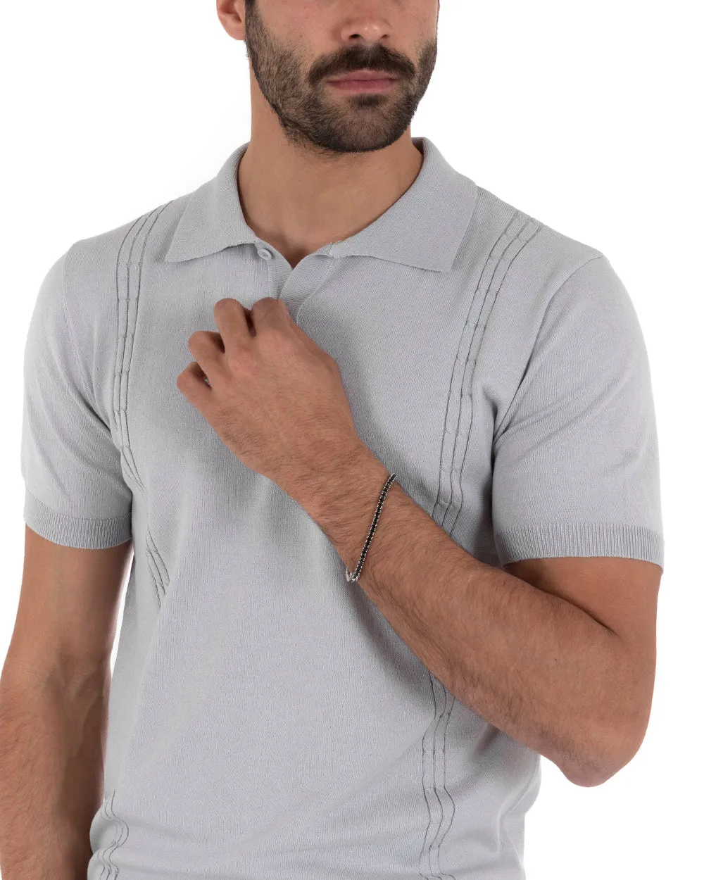 Polo Uomo T-Shirt Manica Corta Tinta Unita Grigio Scollo Bottoni Filo Casual GIOSAL