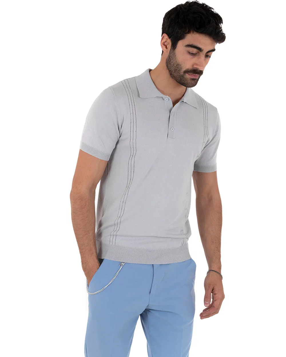 Polo Uomo T-Shirt Manica Corta Tinta Unita Grigio Scollo Bottoni Filo Casual GIOSAL