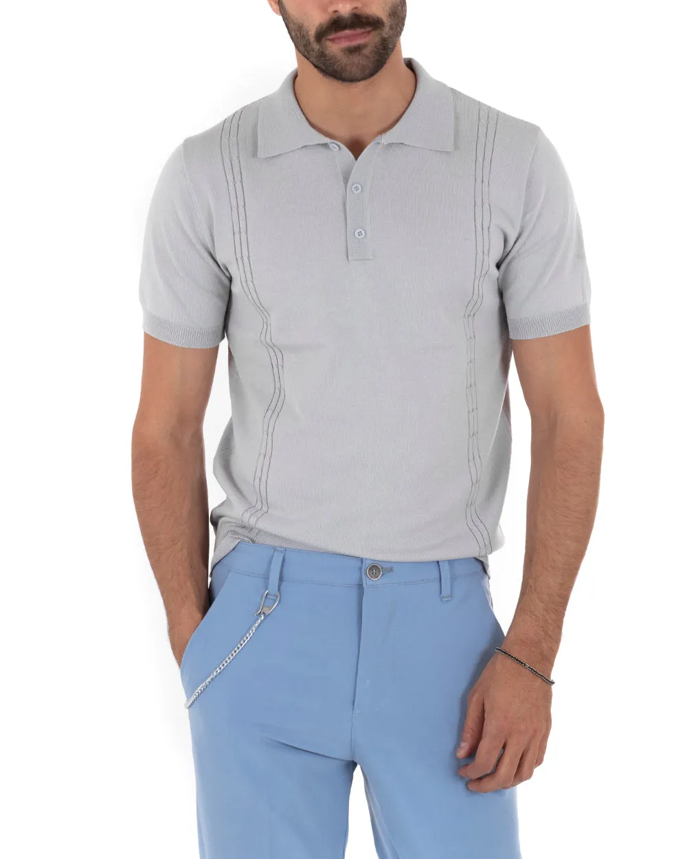 Polo Uomo T-Shirt Manica Corta Tinta Unita Grigio Scollo Bottoni Filo Casual GIOSAL