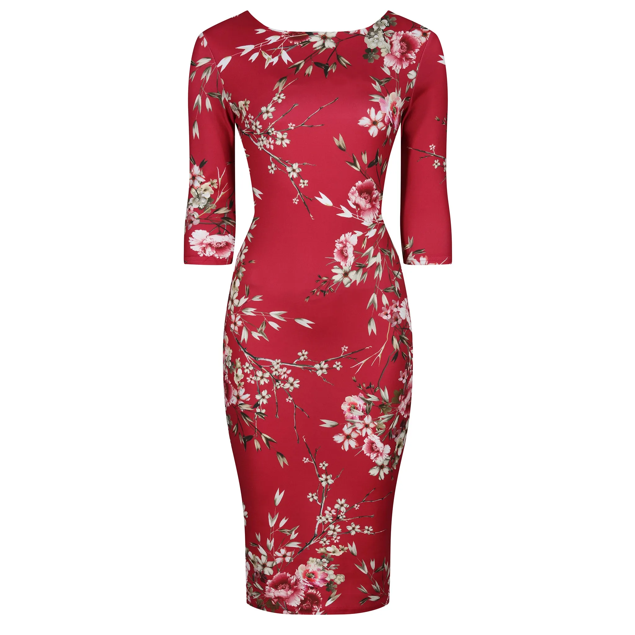 Red Floral 3/4 Sleeve Bodycon Pencil Wiggle Dress