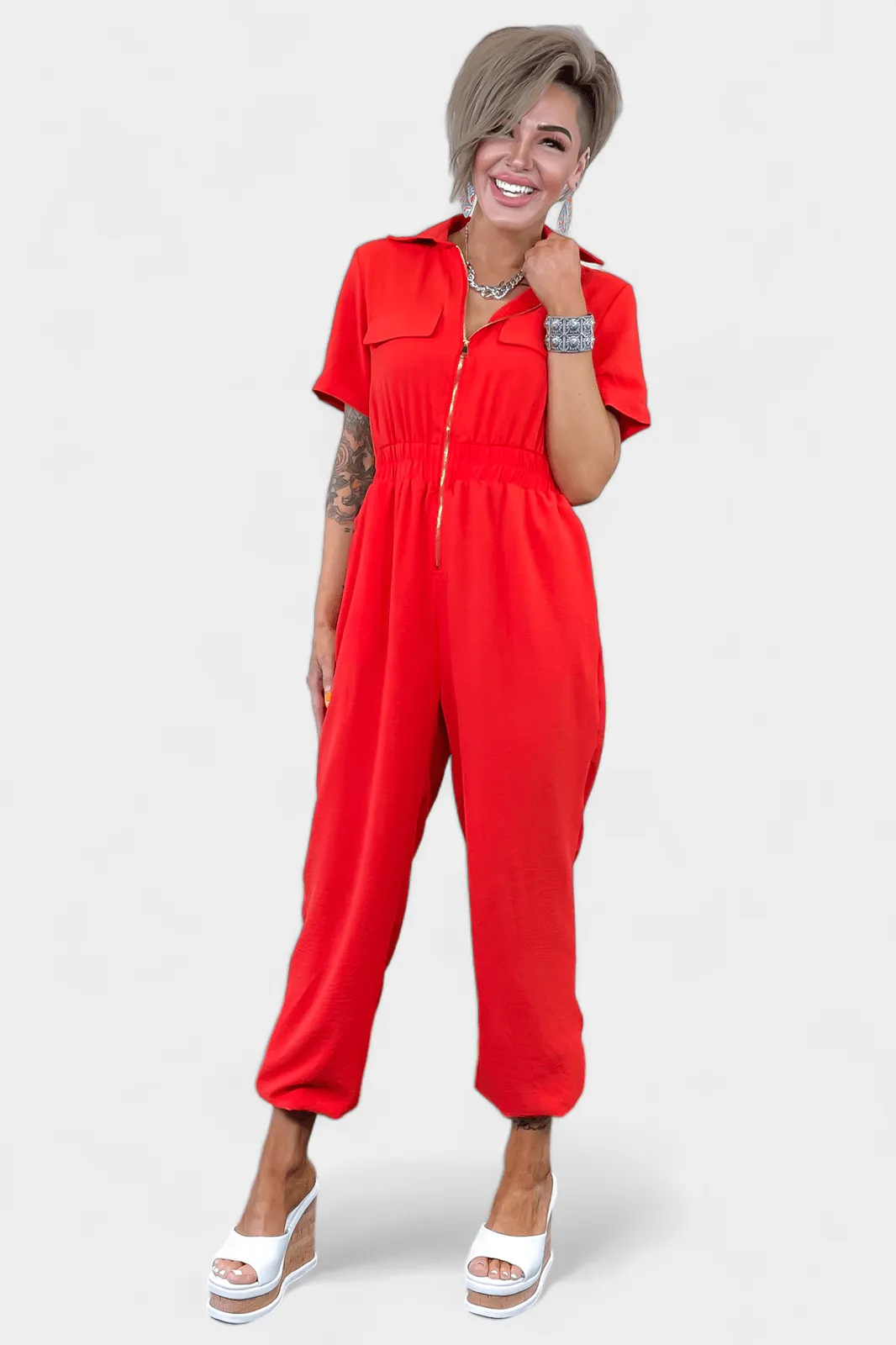 Red Front Zipper Jumpsuit