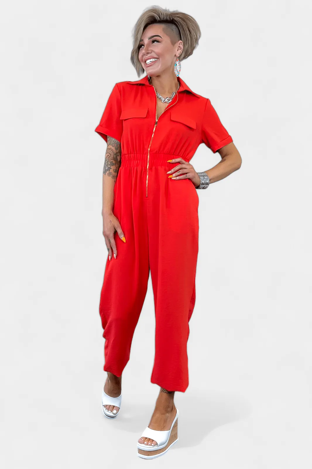 Red Front Zipper Jumpsuit