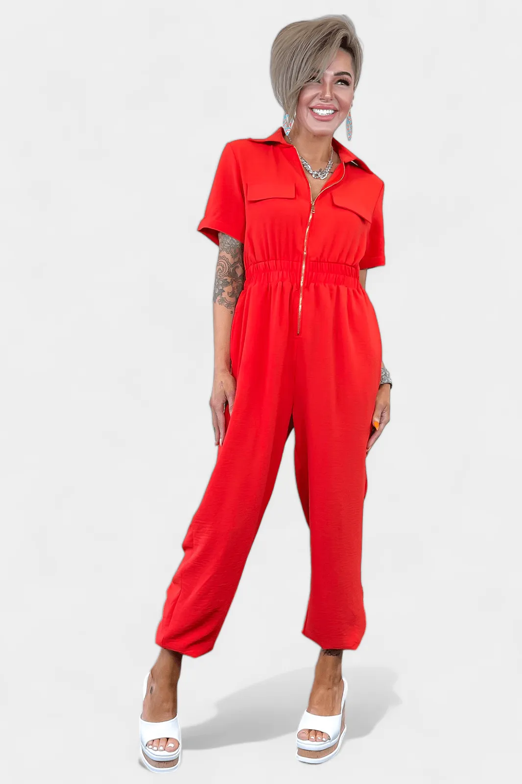 Red Front Zipper Jumpsuit