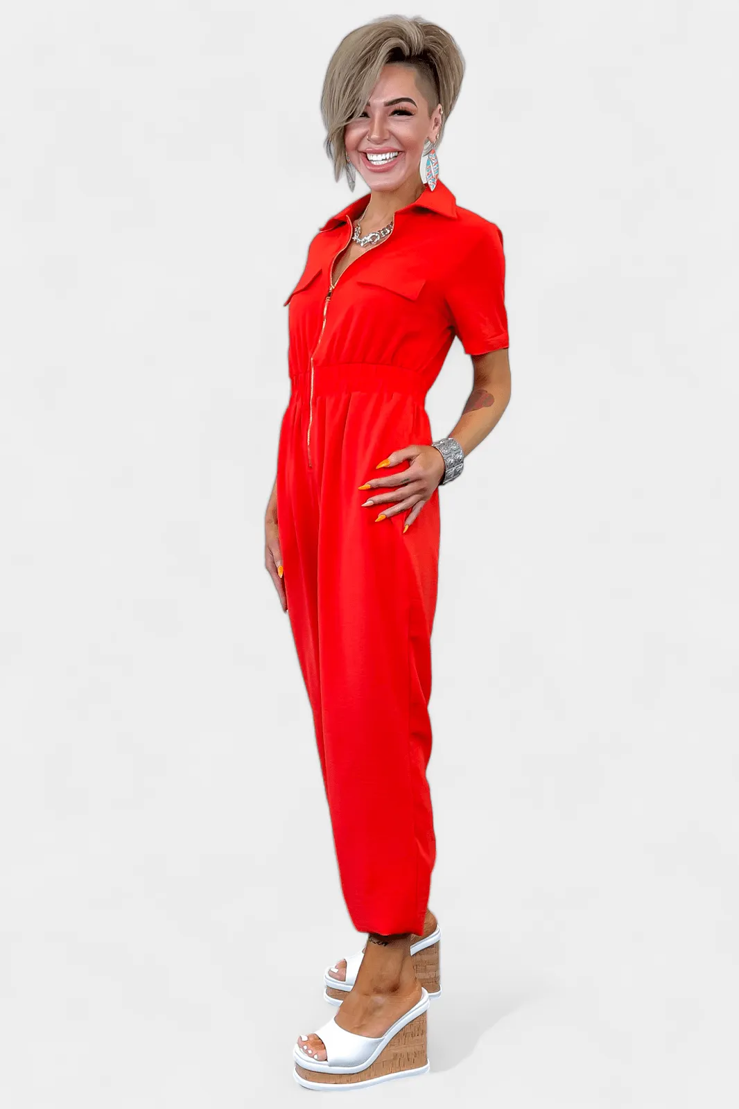 Red Front Zipper Jumpsuit