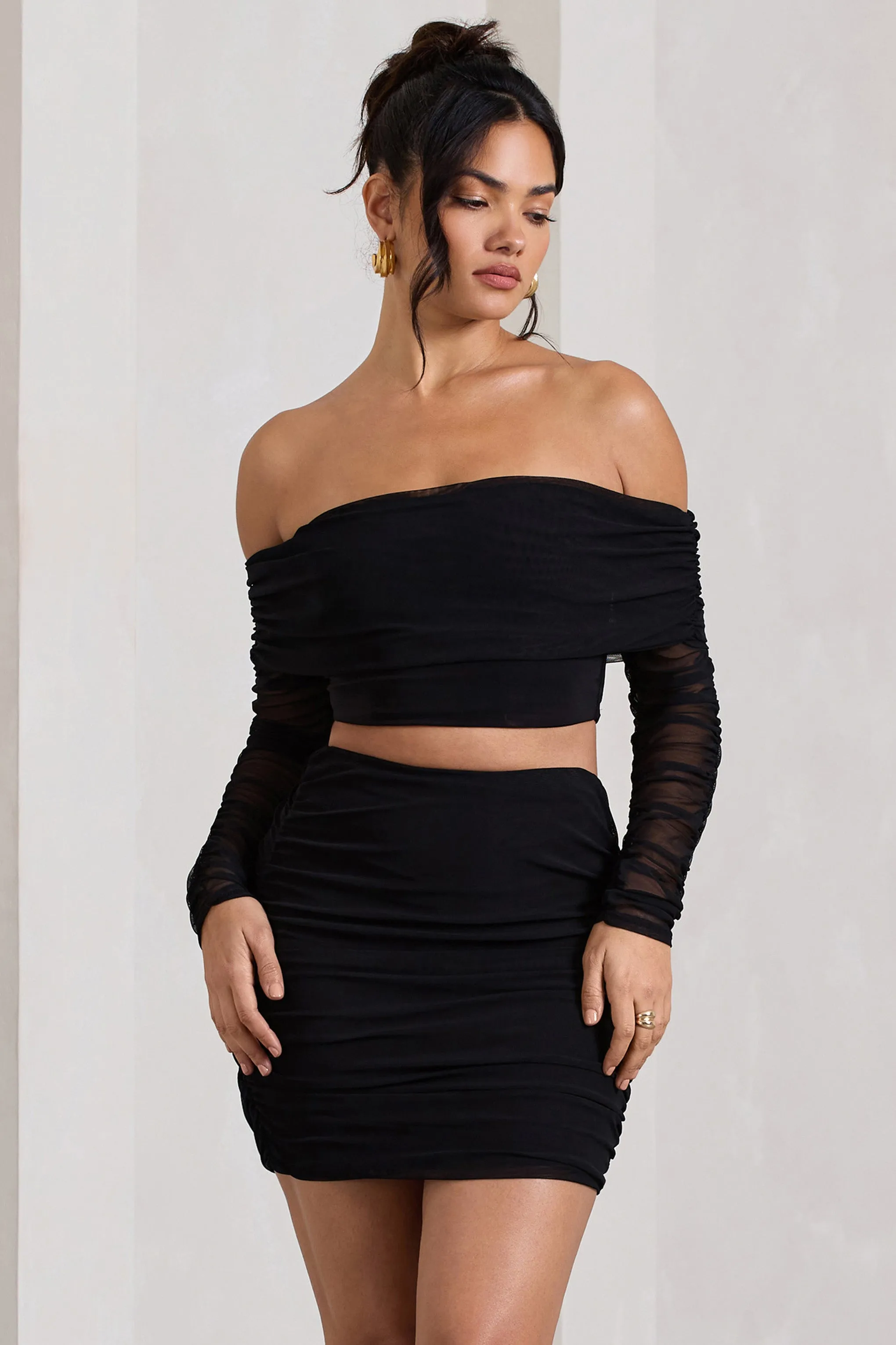 Rule Breaker | Black Ruched Mesh Bardot Crop Top