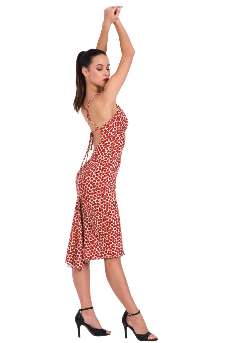 Strawberry Printed Fishtail Dress With Spaghetti Straps