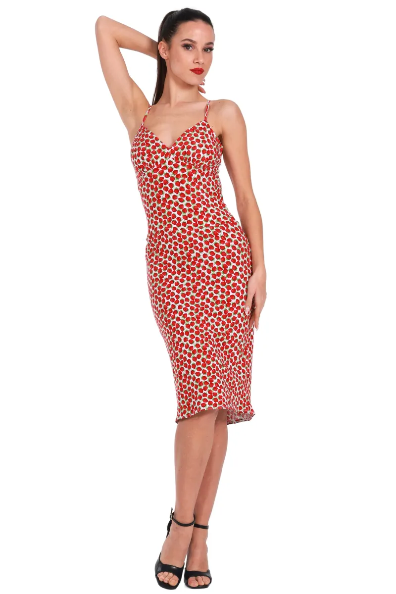 Strawberry Printed Fishtail Dress With Spaghetti Straps