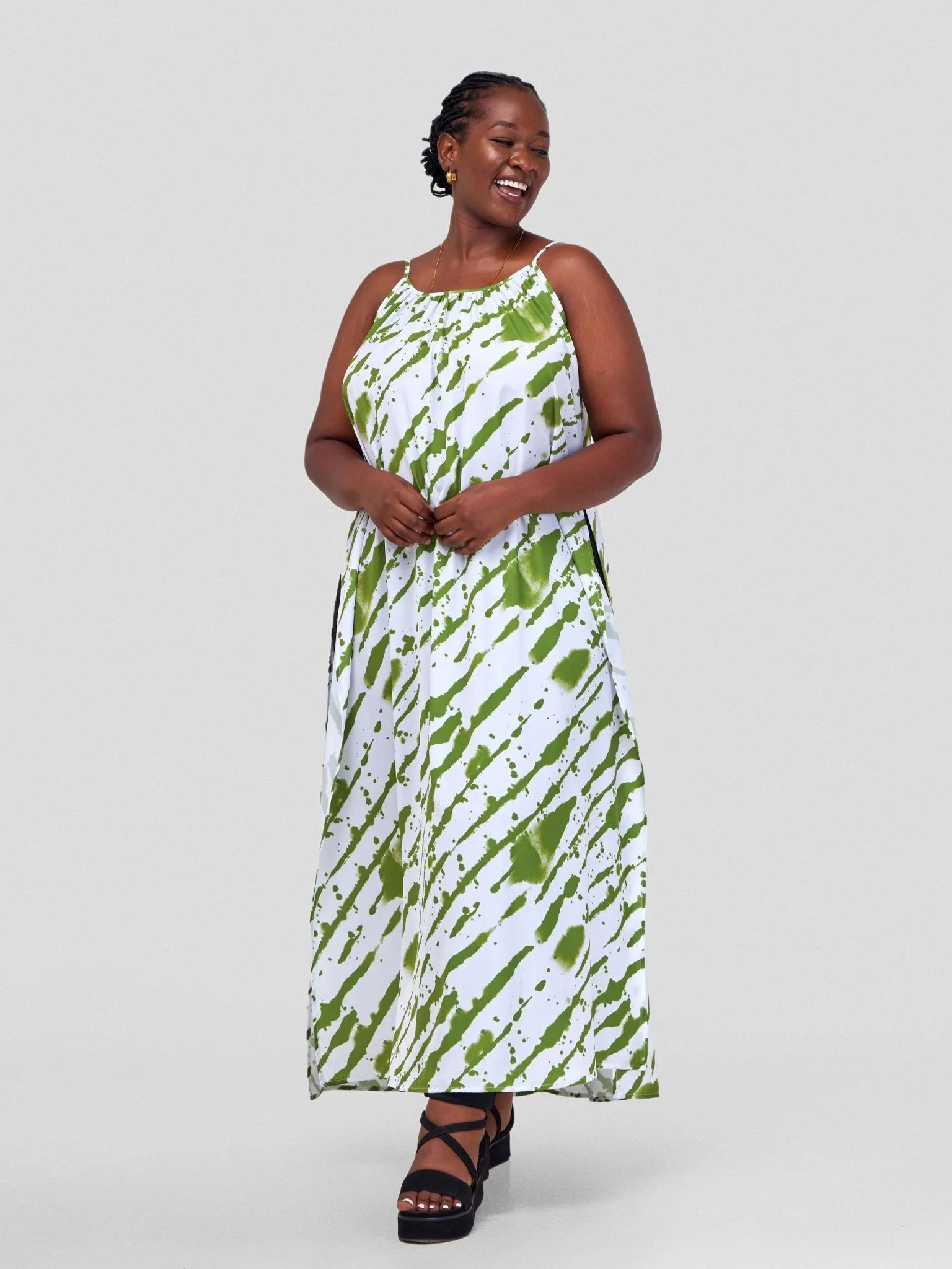 Vivo Ava Strappy Maxi Top - Olive Green / White Mistari Print