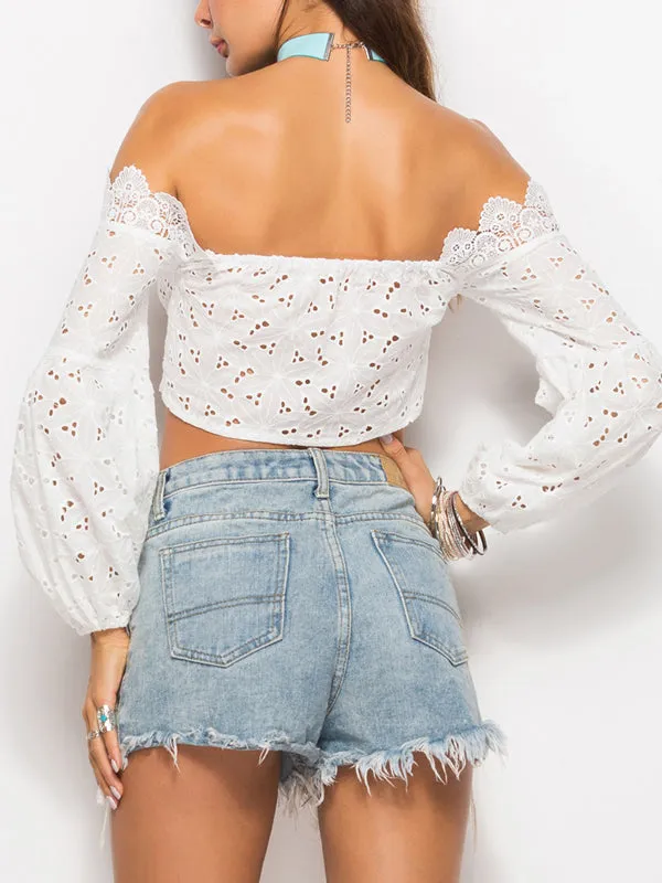 White Off Shoulder Long Sleeve Lace Top